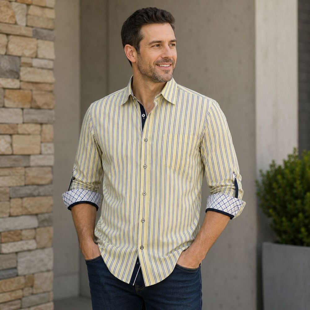 Express Men's L Fitted Yellow Stripe Contrast Roll Tab L Sleeve Casual Shirt #17